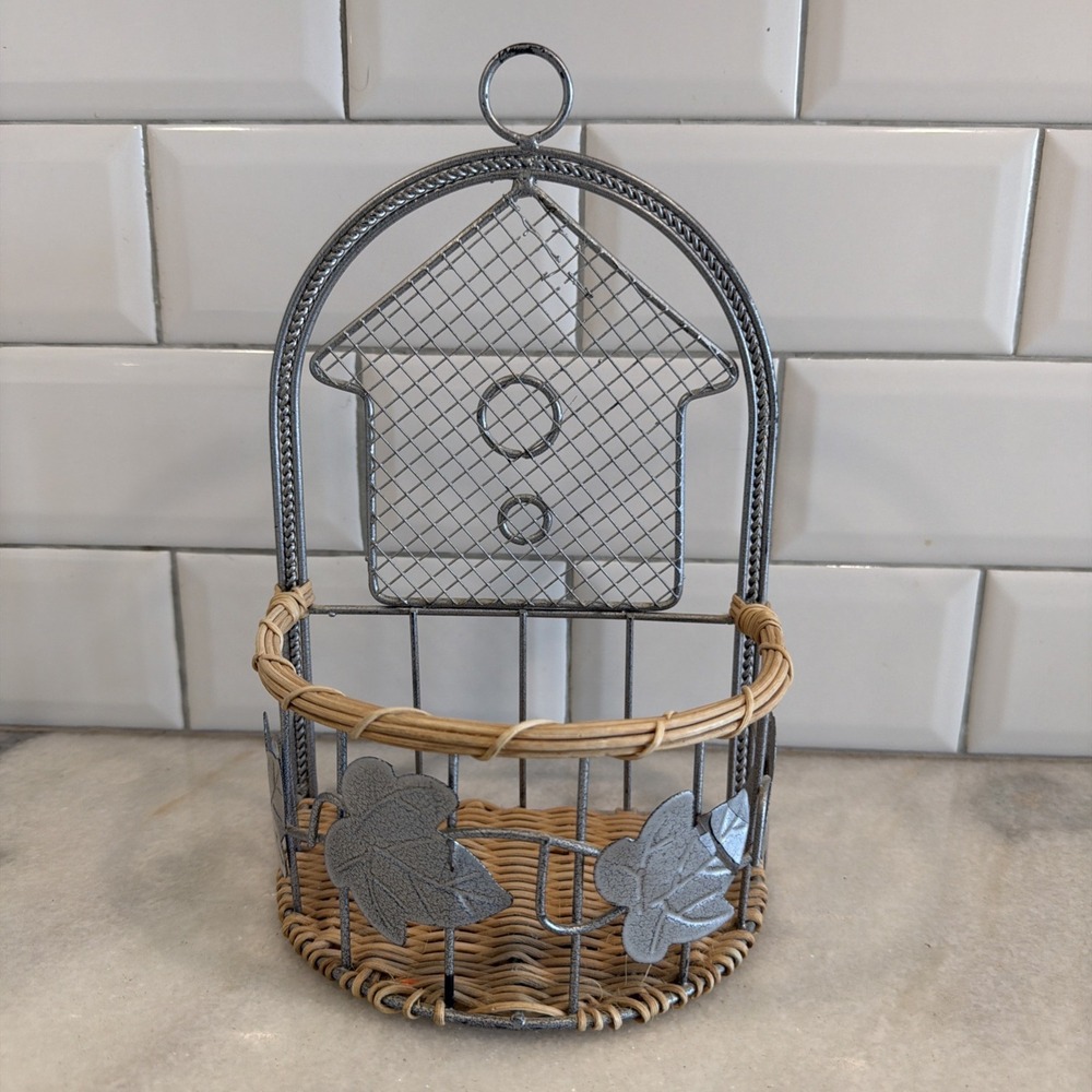 Vintage Wicker Metal Wall Pocket Planter Basket Ivy Birdhouse